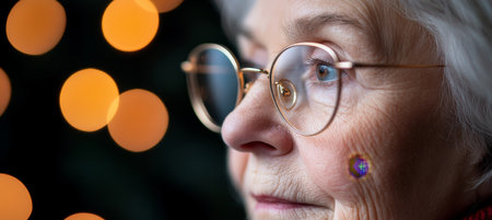 Wise Eyes Gaze Through Elegant Glasses, Glimmering Bokeh Highlights Wrinkled Face of Senior Womanの素材