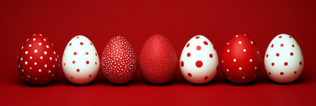 Red And White Easter Eggs On A Red Seamless Backdrop With Polka Dots On Seamless Backdropの素材