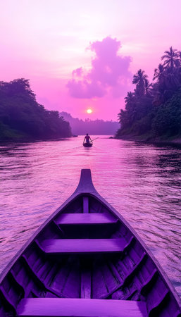 Purple Sunset Serenity, Silhouette Rowing on Calm River, Lush Landscape, Tranquility Backgroundの素材