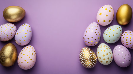 Easter Festive Composition Lavender And Gold Decorative Eggs On Violet Background, Styled Concept.の素材
