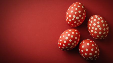 Festive Red Easter Eggs Decorated with White Polka Dots on Matching Background, Copy Spaceの素材