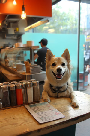 Happy Dog Awaits Food Sitting Patiently by Ordering Counter with Rustic Restaurant Menuの素材