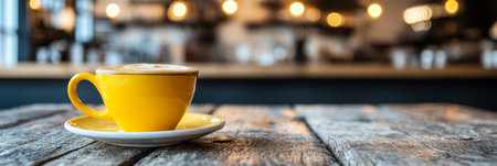 Yellow Coffee Mug on Rustic Wooden Table, Blurred Warm Cafe Background. Hot Drink Conceptの素材
