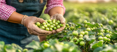 Farmers Hands Gently Harvesting Ripe Green Gooseberries in a Sunny Garden, Close-Up Viewの素材