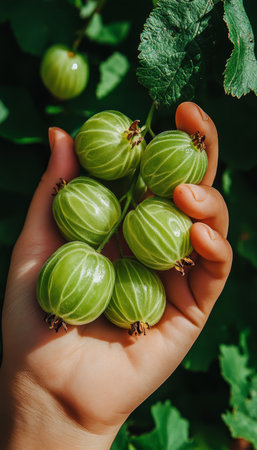 Hand Holding Freshly Picked Gooseberries from a Lush Green Bush, Ripe and Ready for Eatingの素材