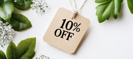 10 Off Discount Promotion With Minimalist Beige Tag Amidst Fresh Green Plants On Whiteの素材