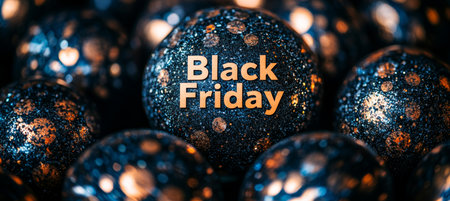 Black Friday Text on Dark Blue Festive Glitter Ornament Balls, Holiday Shopping and Sale Backgroundの素材