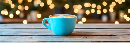 Blue Coffee Cup with Latte Art on Rustic Wooden Table, Festive Bokeh Lights Backgroundの素材