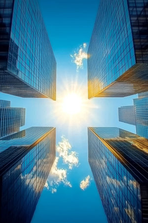 Sunbeams Radiate from Above, Reflected in Soaring Glass Skyscrapers of a Modern Cityの素材