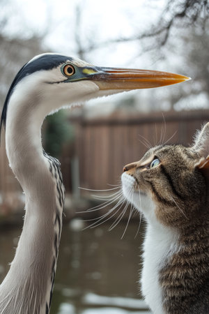 Curious Encounter A Blue Heron and Tabby Cat Exchange an Intriguing Look by a Serene Waterwayの素材