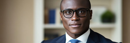 Confident Businessman Portrait of a Successful Black Male Executive in Sharp Suit and Glassesの素材