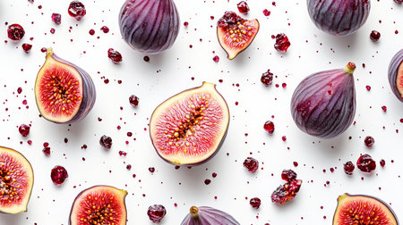 Pattern of Fresh Figs and Cranberries, Sliced Figs With Juicy Red Flesh, On White Backgroundの素材