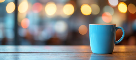 Cozy Cafe Atmosphere Blue Coffee Mug on Wooden Table, Blurred City Lights Backgroundの素材