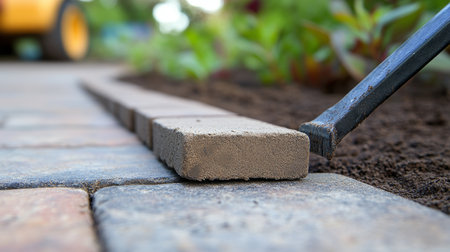 Laying Paving Stones, Creating a Patio Walkway for a Home Improvement and Landscaping Projectの素材