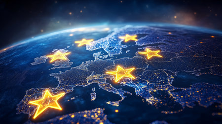Digital Constellation of Europe Network Connections Symbolizing a Unified Continent.の素材