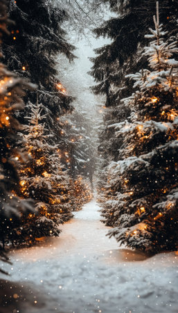 Magical Snowy Path Through Pine Forest, Adorned with Festive Lights, Enchanting Winter Wonderlandの素材