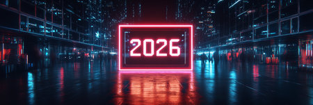 Neon Glow, Year 2026 Sign Illuminates Futuristic Cityscape at Night, Digital Illustrationの素材