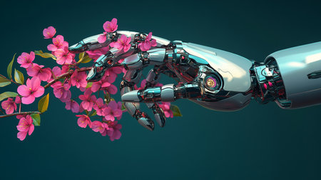 Delicate Touch of Technology Robotic Hand and Vibrant Spring Flowers, Symbiosis of AI and Natureの素材