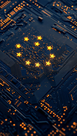 European Union Digital Connectivity, Data Networks, Constellation of Yellow Stars on Motherboardの素材