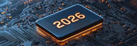 2026 Year on Futuristic CPU Microchip. Glowing Digital Processor. Technology and Electronic Concept.の素材
