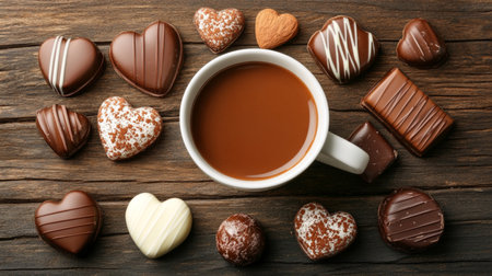 Delicious Chocolate Candies And Cup Of Hot Chocolate On Wooden Background. Valentines Day Concept.の素材