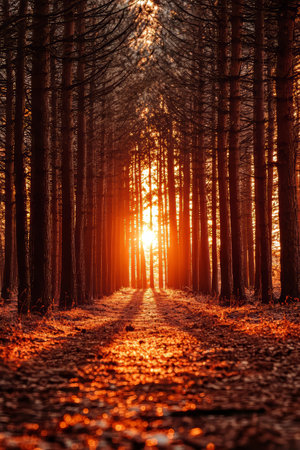Golden Hour in a Coniferous Forest Majestic Trees Bathed in Setting Suns Warm Glow.の素材