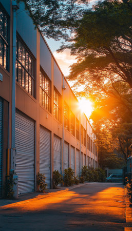 Modern Industrial Storage Facility Building Exterior at Golden Hour Sunset, Architectureの素材