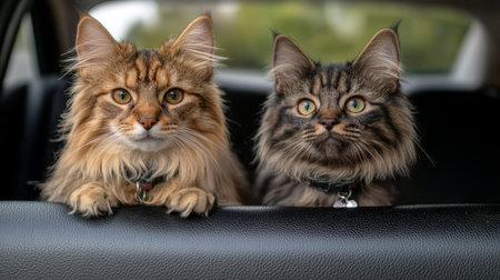 Two Curious Cats Peeking Over Car Seat, Ready for Adventure, Pet Travel, Fluffy, Domestic Animalsの素材