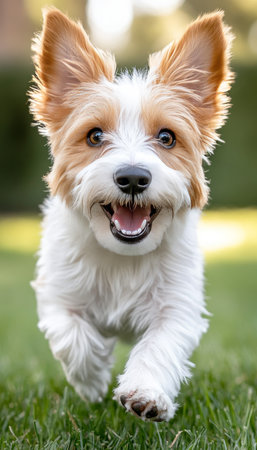 Joyful Small Dog Running With Tongue Out on Green Lawn, Happy Pet Concept, Summertime Funの素材