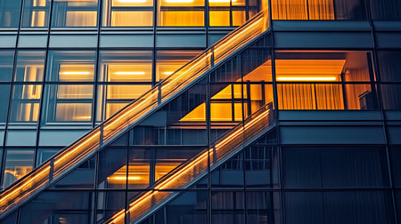 Upward Angle, Illuminated Staircase Accent, Modern Office Building Architecture at Twilightの素材