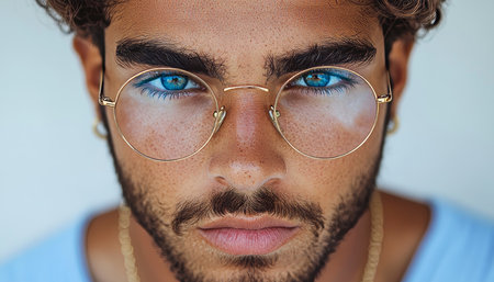 Stylish Man with Round Glasses Close Up Portrait of Facial Features and Trendy Eyewearの素材