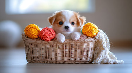 Cute Chihuahua Puppy in a Wicker Basket with Colorful Yarn Balls, Bright and Airy Settingの素材