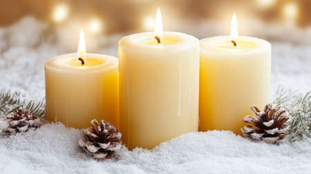 Festive Christmas Still Life Three Lit Ivory Candles on Snow with Pine Cones and Twinkling Lightsの素材