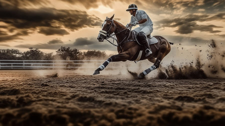Dynamic Polo Player Charges Through Dusty Field, Horseback Action, Equestrian Sport, Competitionの素材