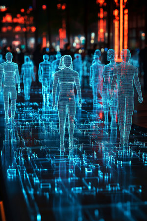 Digital Network of Interconnected Human Figures, Representing Futuristic Technology and Innovation.の素材