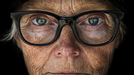 Intense Eyes. Stylish Senior Woman with Wrinkles Wears Modern Black Glasses, Extreme Close-Upの素材