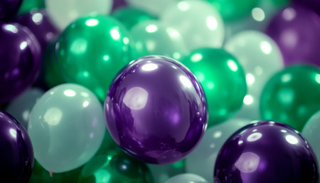 Vibrant lavender and dark green balloons bunch, ideal for festive backdrop, celebrations or parties.の素材