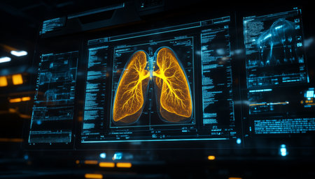 Futuristic Pulmonology Digital Device with Respiratory Metrics and Holographic Lung Modelの素材