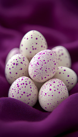 Elegant Purple and White Speckled Easter Eggs in Stacked Arrangement on luxurious Satin Fabricの素材