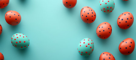 Turquoise and Coral Easter Eggs With Black Polka Dots On A Pastel Blue Background With Room For Textの素材