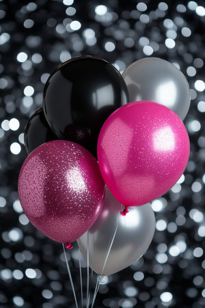 Group of Pink, Silver and Black Balloons on a Sparkling Black and White Bokeh Backgroundの素材