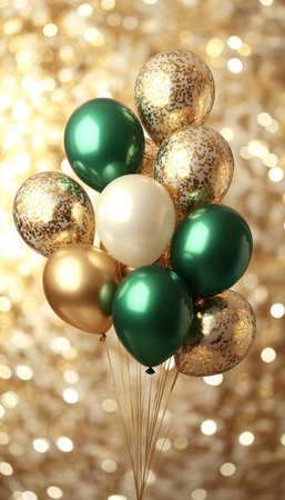 Green and Gold Balloons, Festive Celebration Background for Birthday, New Year or Xmas Partyの素材