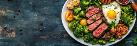 Keto Diet Meal Preparation With Grilled Steak Slices, Fried Egg, And Vegetables In Plate,の素材