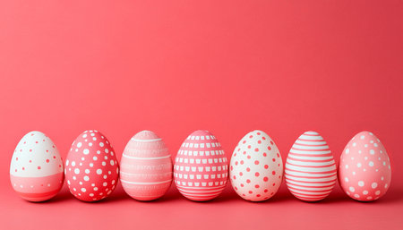Seven Painted Pink and White Easter Eggs with Polka Dots and Stripes on a Red Backgroundの素材