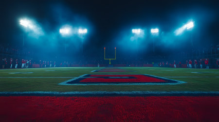 Football Stadium at Night Intense Competition Under the Stadium Lights, Ready for Kickoffの素材