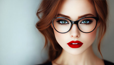 Portrait of Attractive Young Woman With Glasses and Red Lips, Fashion, Beauty, and Lifestyleの素材