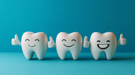 3D Render of Three Happy White Cartoon Teeth Characters Giving Thumbs Up on Blue Backgroundの素材