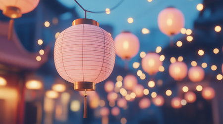 Pink Chinese Paper Lanterns Against Blurred Background, Lantern Festival, Chinese New Yearの素材
