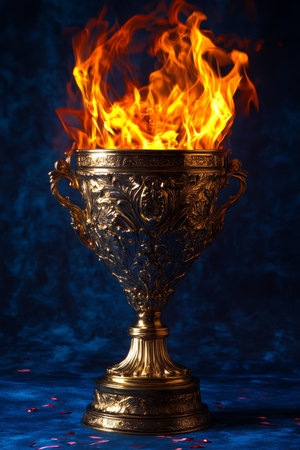 Champions Pyre Golden Trophy Engulfed in Passionate Flames on a Textured Blue Background.の素材
