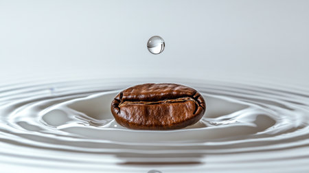 Close-Up of Coffee Bean on Milk Surface with Droplet Impact, Ripples, and Concentric Circlesの素材